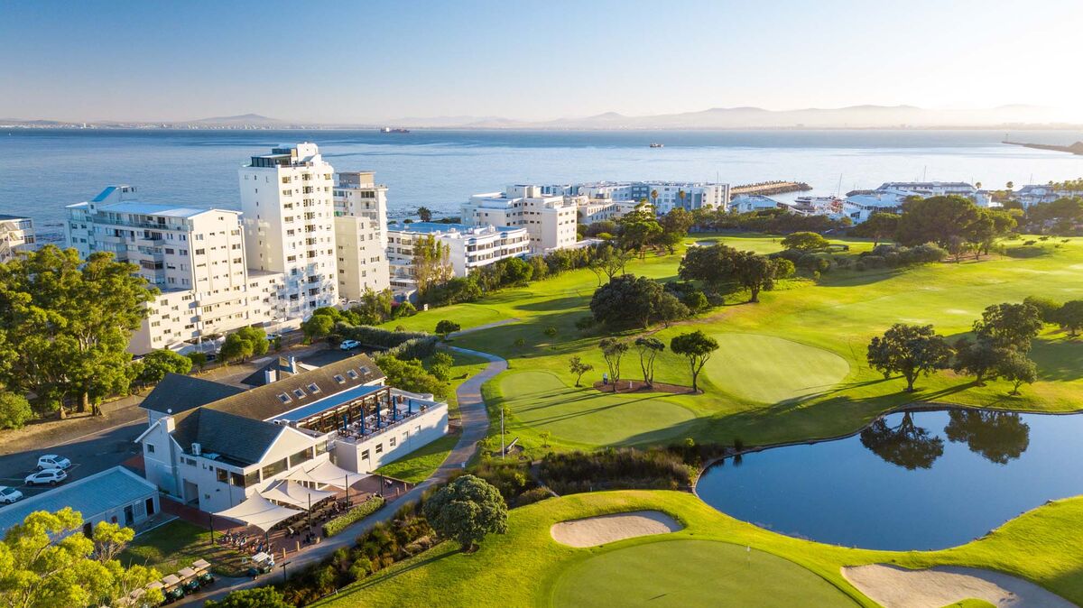 Aerial view of Metropolitan Golf Club beside the Mouille Point seafront in Cape Town