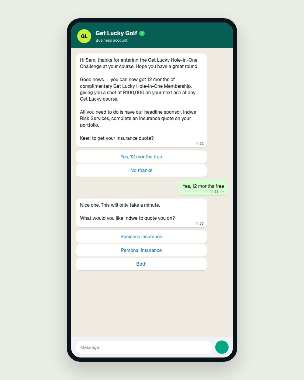 Mock-up of the Get Lucky WhatsApp follow-up offering 12 months of membership for an insurance quote
