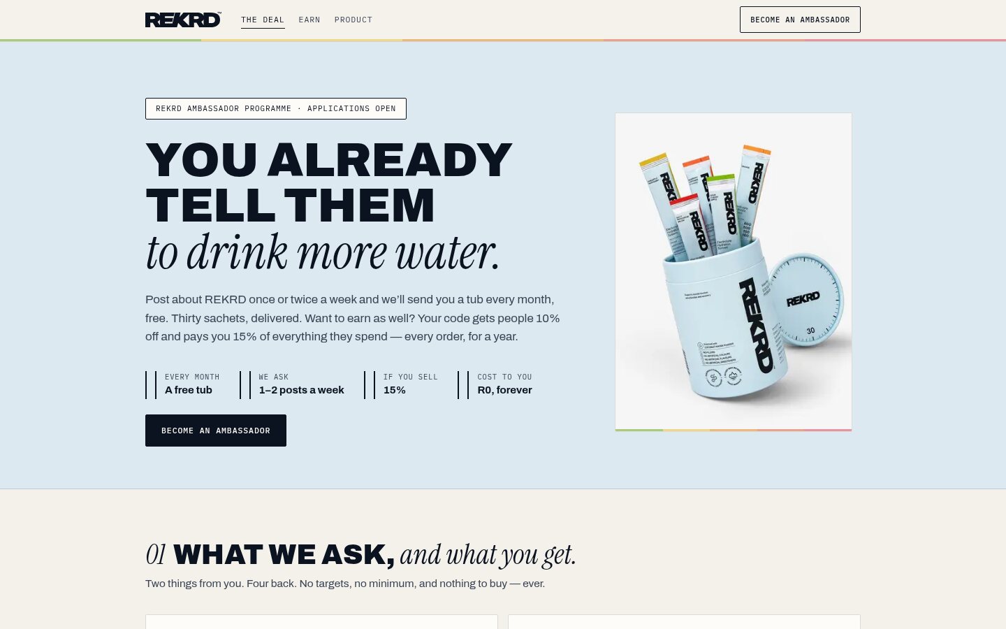 Screenshot of the REKRD ambassador programme page: You already tell them to drink more water.