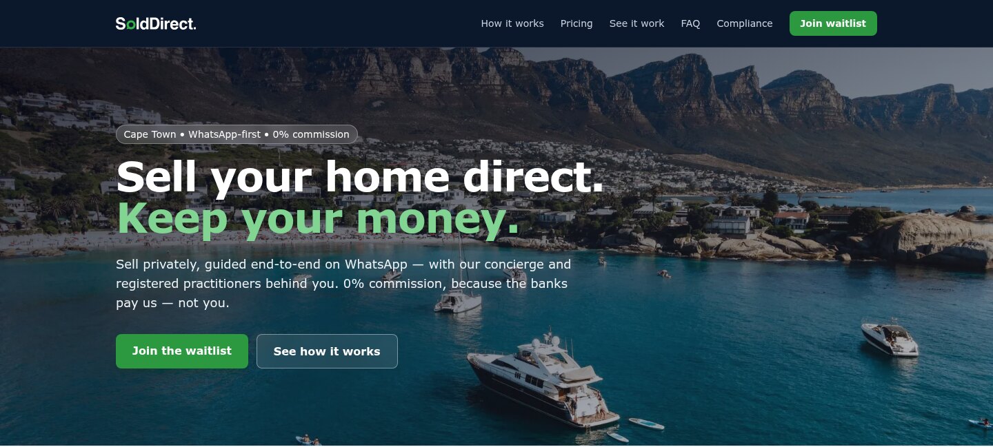 The Sold Direct website header: the logo and menu above Sell your home direct. Keep your money.