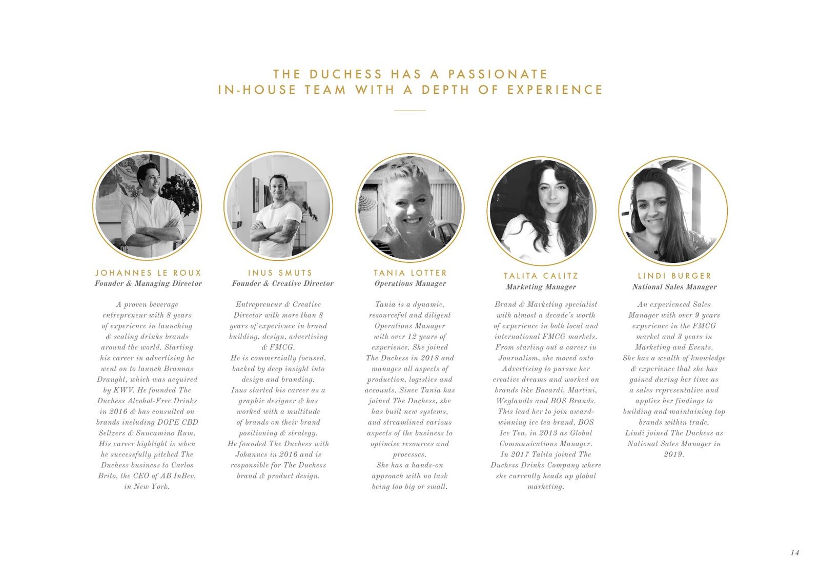 The Duchess pitch deck — slide 15: The Duchess has a passionate in-house team with a depth of experience