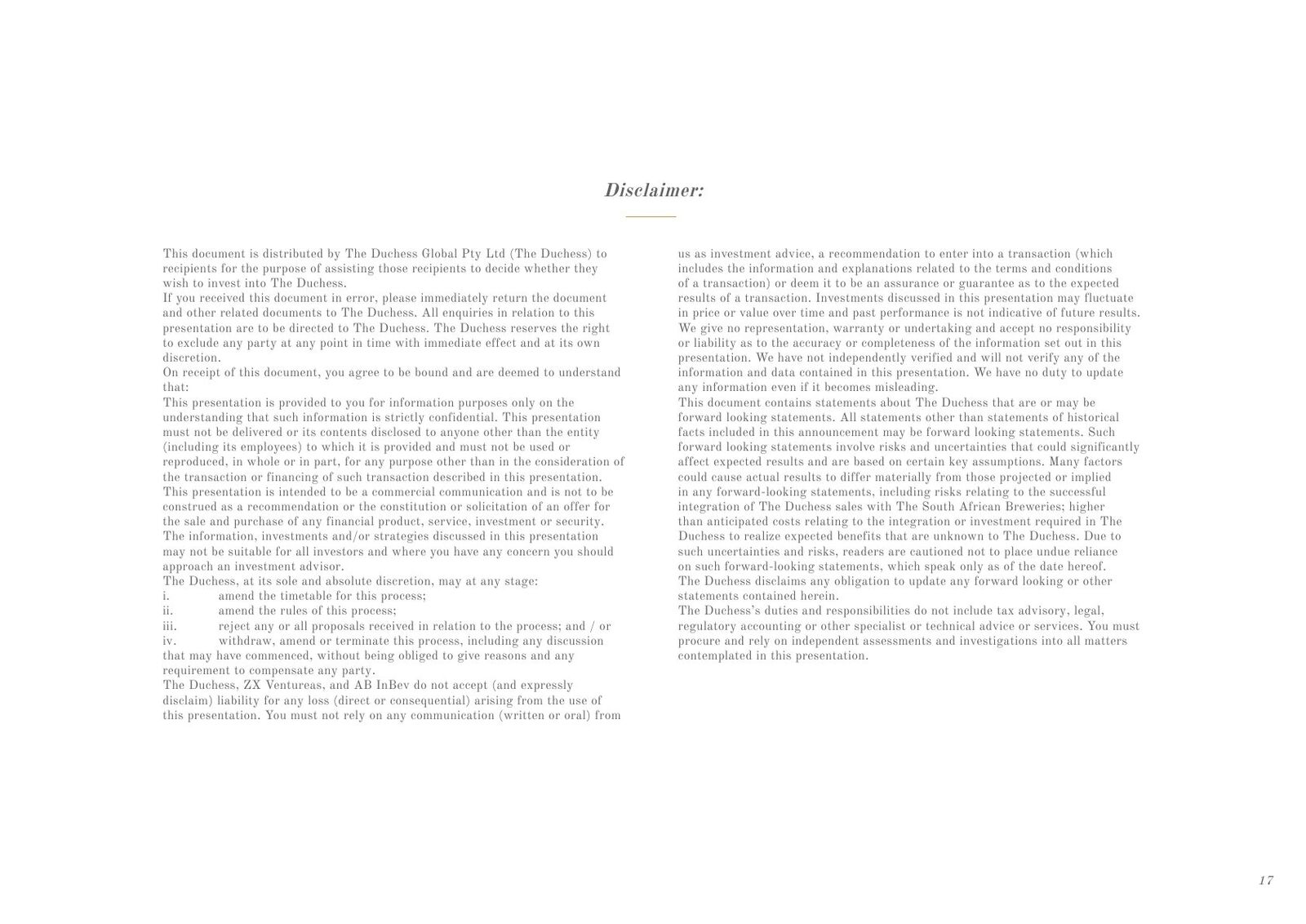 The Duchess pitch deck — slide 18: Disclaimer