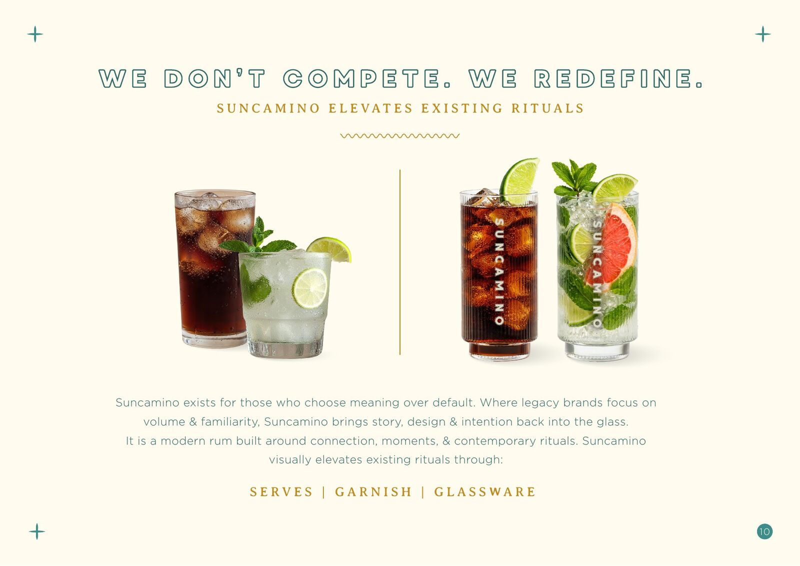 Suncamino Rum partnership deck — slide 10: We don't compete. We redefine.