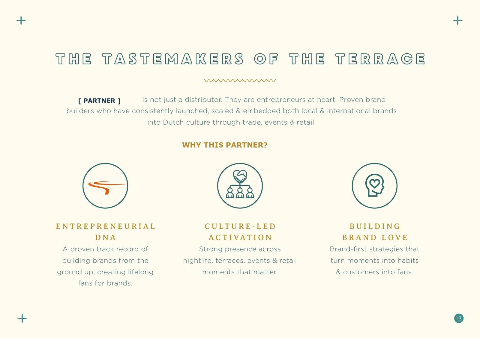 Suncamino Rum partnership deck — slide 13: Tastemakers of the Terrace — partner credentials