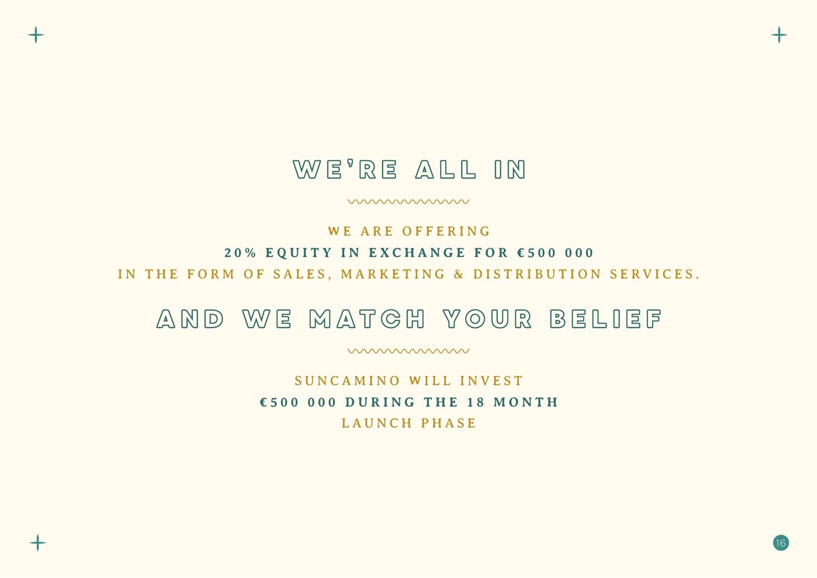 Suncamino Rum partnership deck — slide 16: We're all in — deal structure